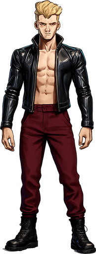 Idle animation, sleek graceful man Cyberpunk manga, facing forward idle pose shiny black leather biker jacket longsleeves shirtless Skinny abs blonde pompadour guy, action shot wine red joggers combat boots, Background removed, "Full-body character, entirely in frame, no cropping of face, head, or feet" "Complete character visible, from head to toe, fully centered in the image" "Entire character, including face and boots, fully within the frame" Character fully contained within a square frame, no edges cut off fashion model pose