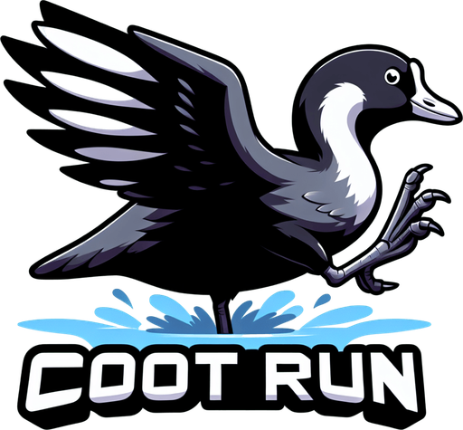 Game icon for a video game called “Coot Run”. Show an American Coot with its wings up and its foot big in the foreground. Show the name of the game big in the center with the coots foot underneath..
Single Game Texture. In-Game asset. 2d. Blank background. High contrast. No shadows.