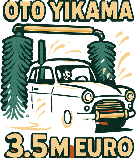 Oto yıkama ile alakalı bir görsel oluştur . Bu görselin altında 3.5M Euro yazsın. Retro temada bir görsel olsun ..
In-Game asset.  2d.  High contrast.  No shadows