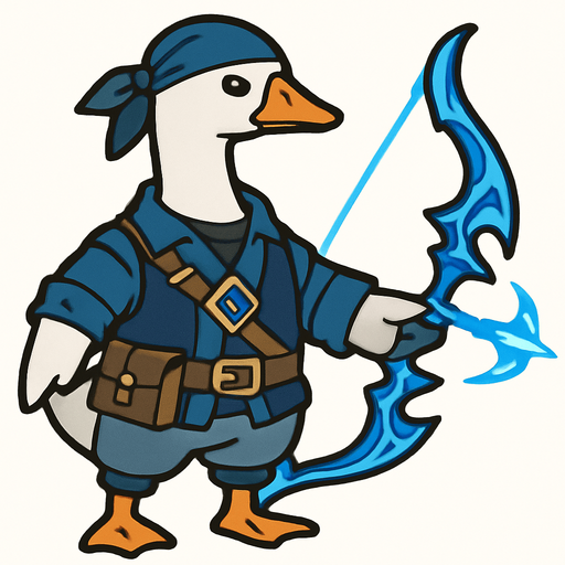 A emden goose in blue treasure hoarders outfit with blue hydro battle bow.
In-Game asset.  2d.  High contrast.  No shadows
