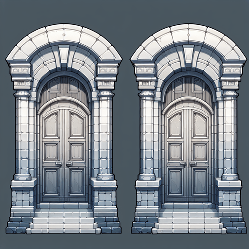 Two doorways.
Single Game Texture.  In-Game asset.  2d.  Blank background.  High contrast.  No shadows