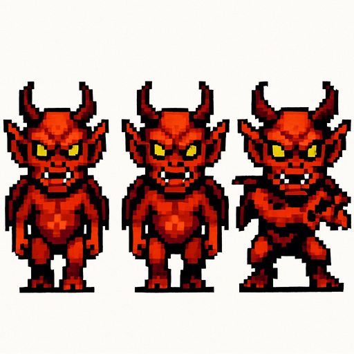 A sprite sheet for a demonic imp.Two walking sprites alternating feet and one attack sprite. Straight forward frontal view. Imp is facing the camera. White background. Retro pixel art..
In-Game asset.  2d.  High contrast.  No shadows