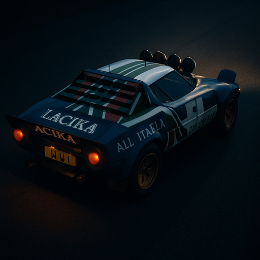 Photorealistic Lancia Stratos Rallycar in nightlight, drone topview from back and 45 degrees angle in top right corner. Replace Lancia to Lacika and Alitalia to All Italia