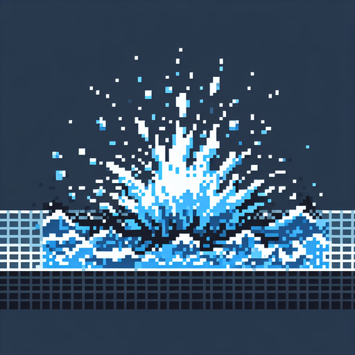 8-bit water splash effect.
Single Game Texture. In-Game asset. 2d. Blank background. High contrast. No shadows.