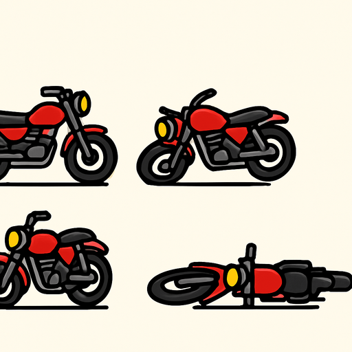 Create a simple 2D animation of an enemy motorcycle falling sideways to the ground.  
The animation should have 5 frames showing the bike tilting and then lying flat.  
Use a cartoonish style matching a simple 2D game..
In-Game asset.  2d.  High contrast.  No shadows