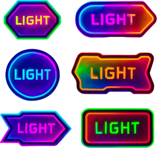 Buttons random shapes & have text 'Light'. HD colors. Cyberpunk. Abstract. Different colors.
In-Game asset.  2d.  High contrast.  No shadows