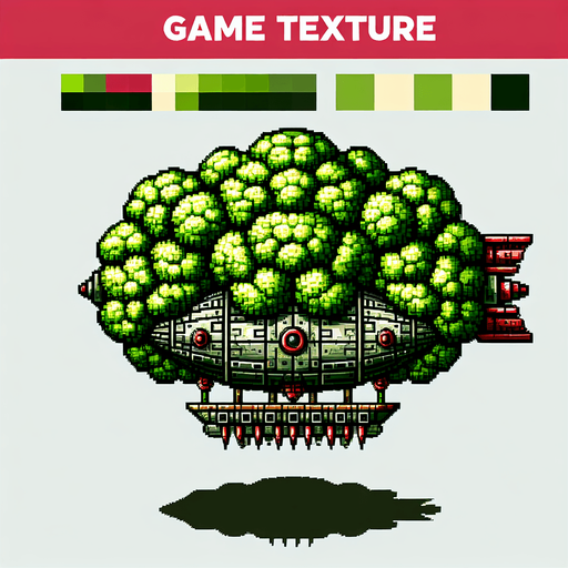 an evil broccoli airship.
Single Game Texture. In-Game asset. 2d. Blank background. High contrast. No shadows. 8bit