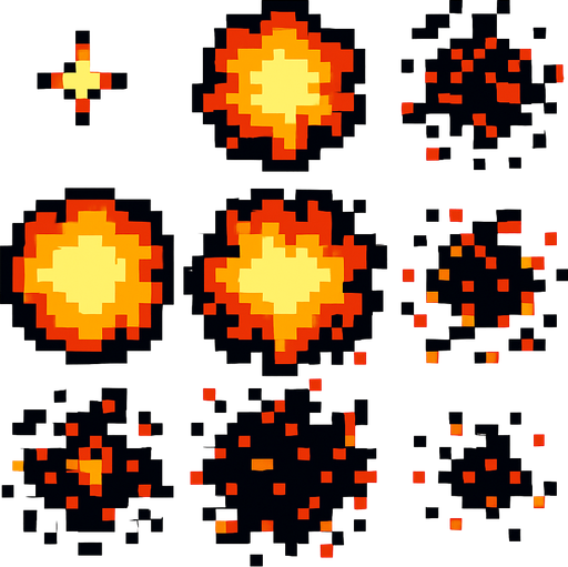 Раскадровка пиксельного взрыва с видом с верху без фона.
In-Game asset.  2d.  High contrast.  No shadows