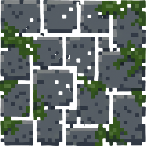A tile of grey and mossy dungeon stone floor. Pixel art..
In-Game asset.  2d.  High contrast.  No shadows
