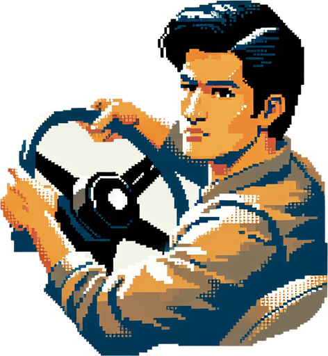 cool looking driver leaned back and holding a car wheel as if he's driving. 30 years old. vintage retro 1980 style. 3/4 view. pixelated. 8 bit. Single Game Texture. In-Game asset. 2d. Blank background. High contrast. No shadows.