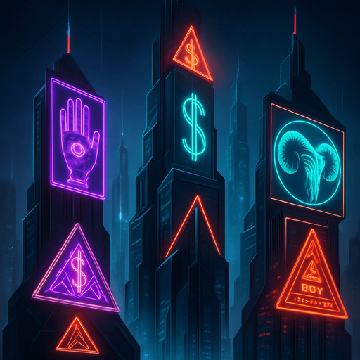 Neon cyberpunk skyscraper occult corporate logos-mixed with dark esoteric sigils capitalist subliminal commands 3d holograms billboards projections brutalist sleek architecture futuristic architecture multidimensional towering city spires glowing
