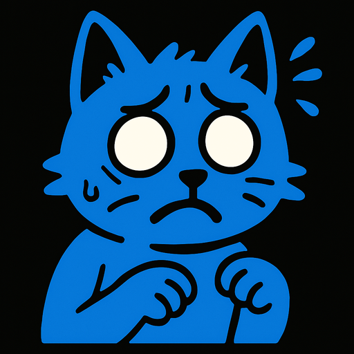 Un gato azul sin pupilas preocupado.
In-Game asset.  2d.  High contrast.  No shadows