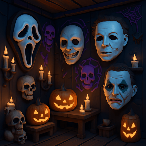 3D Scary room with many 3D decorations around, 3D scary masks of memes from movies around it.
In-Game asset.  3D.  High contrast.  No shadows. no jesus cross. no star of 6. no start of 5. no devil. HD colors