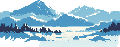 Create a pixel rendition of a winter skyline for a pixel game. The image should feature a light blue sky dominating the scene, with subtle pixelated outlines of mountain crests at the bottom. The sky needs to be clear and bright, showcasing the crispness of a winter day in a pixel art style. Use a gradient of light blue near the pixelated mountain silhouettes, gradually transitioning to a deeper blue towards the top of the image, all in a charming, pixelated format to evoke a serene, wintry atmosphere.. 8 bit. Single Game Texture. In-Game asset. 2d. Blank background. High contrast. No shadows.