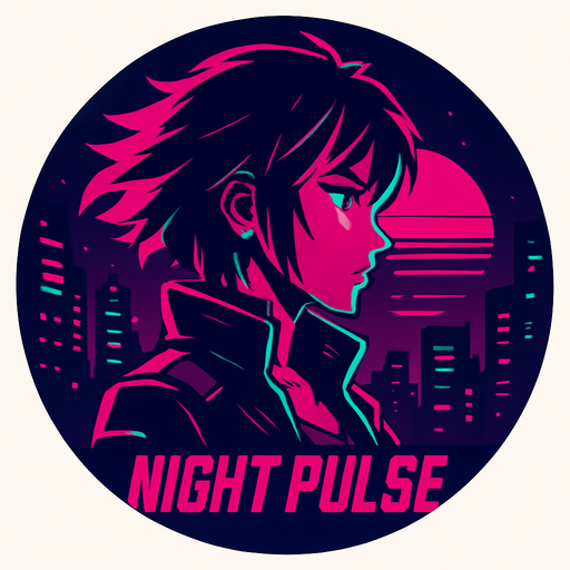 Round shape song cover of cyberpunk anime style with the themed “Night Pulse”.
In-Game asset.  2d.  High contrast.  No shadows