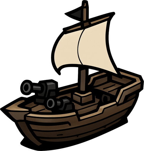 The small warship is fast and agile, designed for quick attacks and evading enemy fire. It has light armor and carries a few small cannons. Its compact size makes it harder to hit but less durable..
In-Game asset.  2d.  High contrast.  No shadows
