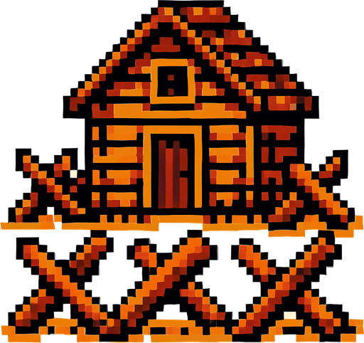 casa de madera con barricadas de pixeles.
In-Game asset.  2d.  High contrast.  No shadows