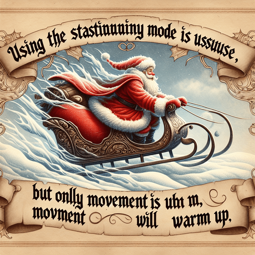 a pergament with a freezing santa on a sledge in the sky. There is the text: "using the stationary mode is useful, but only movement will warm you up"