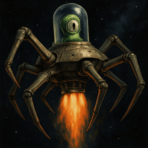 Imagine a multi-legged space machine, its legs sprawling at varied, dynamic angles, giving it an organic yet mechanical feel. Encased within a transparent tube, a one-eyed green alien watches intently. Beneath the ship, vivid rocket flames burst forth, illuminating the dark void of space with fiery intensity.