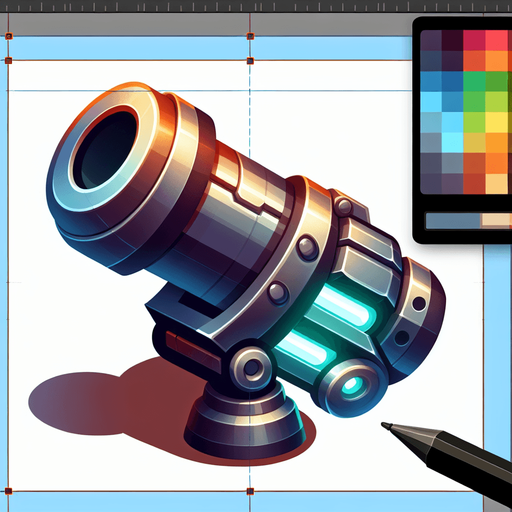 Type: 2D sprite (top-down or side view).
Style: Cartoonish or futuristic metallic cannon. colorful mixed colors
Animation: Slight recoil effect when shooting.
Size: Medium (fits at the bottom of the screen)..
Single Game Texture.  In-Game asset.  2d.  Blank background.  High contrast.  No shadows