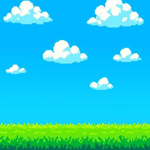 Create a pixel art background image for a 2D mobile game in portrait orientation.

The scene should feature a bright blue sky with some pixelated white clouds, and a grassy green field at the bottom.

Use a colorful, retro pixel art style (16-bit style), keeping the image light and cheerful.

The background should not include any characters or objects, only environment elements.

Leave space in the middle of the screen for gameplay elements (like the grid of boxes).

Make sure the image loops or tiles well if needed..
In-Game asset.  2d.  High contrast.  No shadows