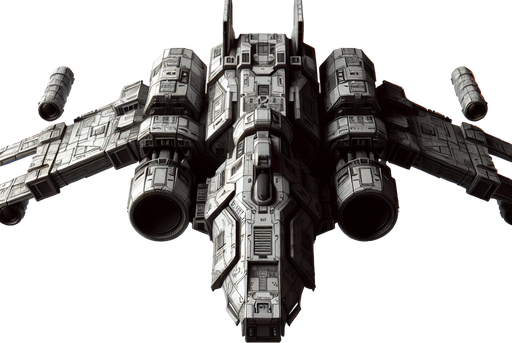 military spaceship flies upward.
Single Game Texture. In-Game asset. 2d. Blank background. High contrast. No shadows.