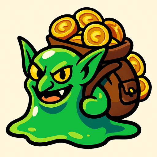 a goblin slime which have backpack fully coins.
In-Game asset.  2d.  High contrast.  No shadows