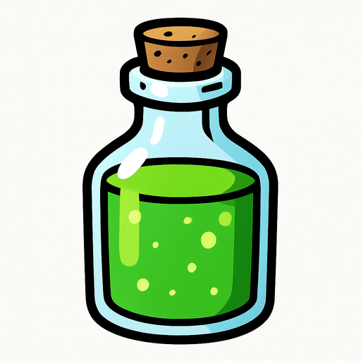 Yeşil bir şişe içinde yeşil sıvı var.
In-Game asset.  2d.  High contrast.  No shadows