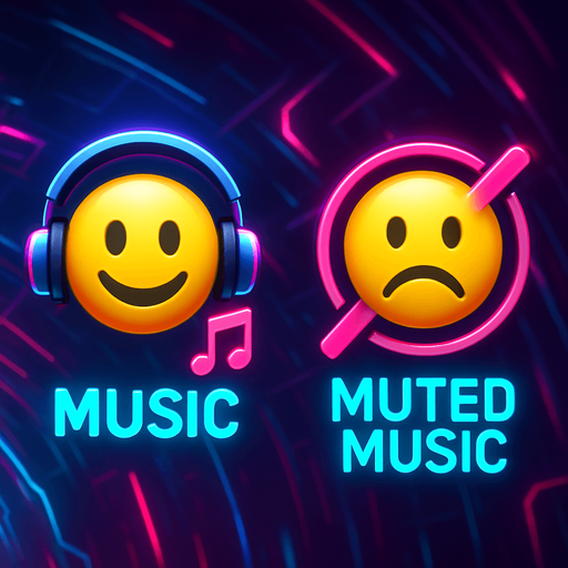 Icons for music & muted music by with emoji have headphone and happy and one doesn't have and sad. HD colors. future. cyberpunk+Abstract.
In-Game asset.  2d.  High contrast.  No shadows