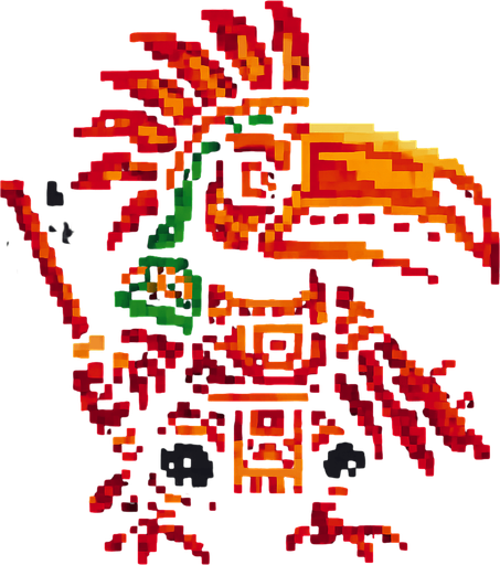 Genérame un Tucan guerra azteca con eso patrones estilo pixelar, con una apariencia maligna.
In-Game asset.  2d.  High contrast.  No shadows