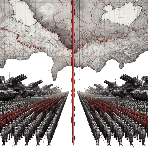 A map of a fictional world, divided in the middle by a red dashed line, which is a country border. On each side of the border, a modern army is marched up and pointing weapons at the other side. Style should be detailed illustration..
Single Game Texture. In-Game asset. 2d. Blank background. High contrast.