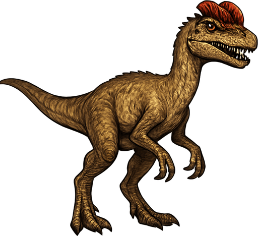 A medium-sized Dilophosaurus dinosaur in a standing pose on a transparent background. It has a slender body with light brown and tan scales, featuring distinctive paired crests on top of its head colored in reddish hues. The head is elongated with sharp teeth visible in a slightly open mouth. Its limbs are muscular with sharp claws, and the tail is long and straight. The skin texture shows a mix of small scales and patches of rougher skin, giving a realistic predatory look..
In-Game asset.  2d.  High contrast.  No shadows