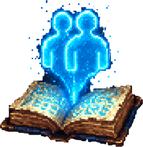 "2D pixel art of a glowing blue clone symbol emerging from an open magical book. The book is ancient, with worn leather covers and glowing runes on its pages. The clone symbol appears to float above the book, made of shimmering blue magical energy, slightly transparent and radiating light. The symbol has a mirrored silhouette or double shape to suggest duplication or cloning. The style is fantasy-themed, suitable for a magic RPG icon or visual effect. Lighting is soft but magical, with a focus on the glowing blue symbol. Classic 16-bit pixel art style. Transparent background.".
In-Game asset.  2d.  High contrast.  No shadows