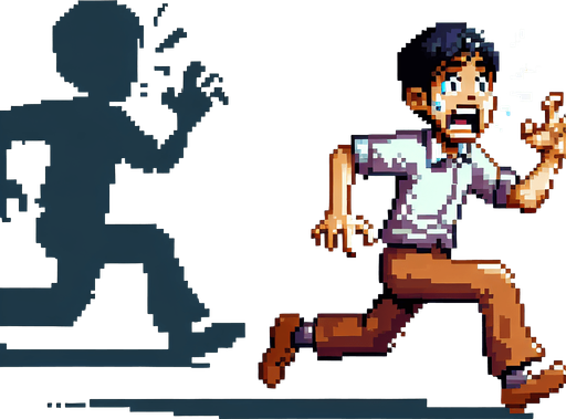 Pixel art,  Frightened adult running away scared..
Single Game Texture. In-Game asset. 2d. Blank background. High contrast. No shadows.