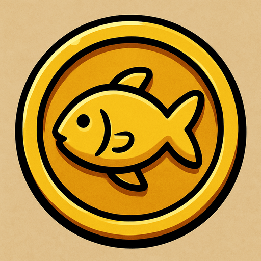 coin image üzerinde balık işareti olan bir madeni para altın renkte.
In-Game asset.  2d.  High contrast.  No shadows