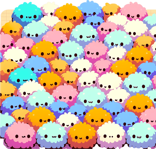 Background for hyper casual puzzle game. a large area covered with thousands of tribble. a furry cuddly ball of fluff. multicouloured. startrek. little cartoon style faces on each of them. Pastel colors, flat shaded, vector art. Single Game Texture. In-Game asset. 2d. Blank background. High contrast. No shadows Single Game Texture. In-Game asset. 2d. Blank background. High contrast. No shadows.