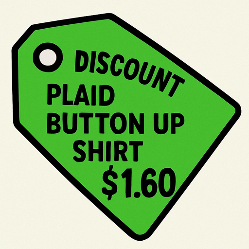 green price tag that says discount plaid button up shirt $1.60.
In-Game asset.  2d.  High contrast.  No shadows