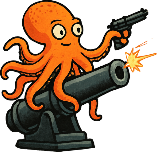 un pulpo naranja frenetico disparandole a buques de guerras encima de un cañon negro.
que se vea el fondo del cielo y el mar pero que no este enojado sino calmado