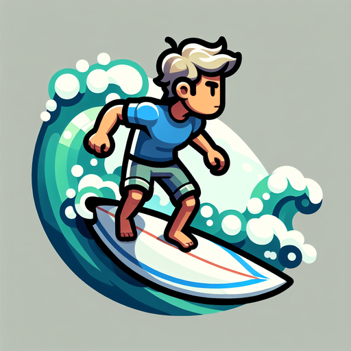 A surfer standing and riding on a surfboard. Side profile. Cartoon. Full body. 
Single Game Texture.  In-Game asset.  2d.  Blank background.  High contrast.  No shadows