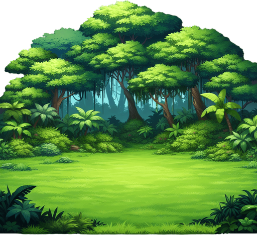 It's a 2D planar background. It's a jungle with green grass growing all over the ground and thick forests surrounding it..
Single Game Texture. In-Game asset. 2d. Blank background. High contrast. No shadows.