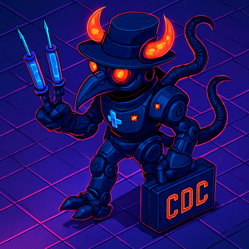 Neon cyberpunk anime top down isometric animatronic plague doctor cyborg demon medic CDC corporate robot monster disease pestilence medicine syringes Walking