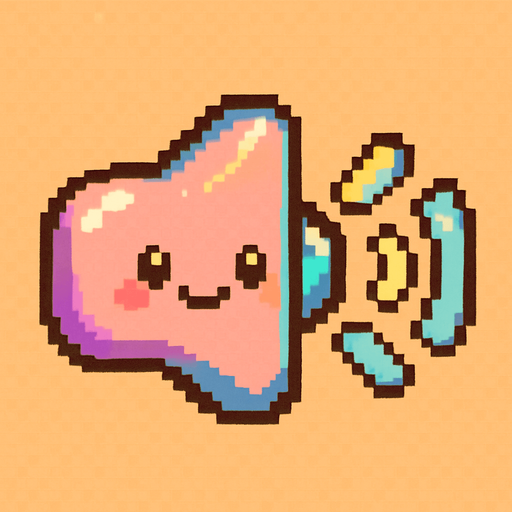 A small and cute pixel art icon representing sound on, designed for a 2D game UI. The icon shows a colorful, rounded speaker with smiling face and small animated sound waves coming out in bright pastel colors like yellow and light blue. The design is chibi and cartoonish, with soft outlines and playful details. It fits the style of a fun, colorful retro arcade game..
In-Game asset.  2d.  High contrast.  No shadows. pixel art. cute. ui icon. colorful. retro style. chibi. cartoonish