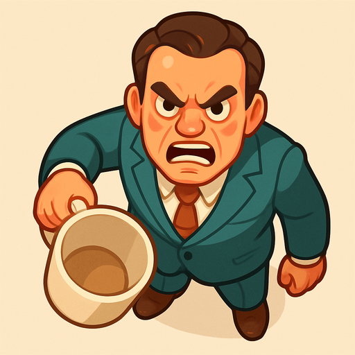 A guy in a leisure suit is 50s holding a large empty coffee cup in his arm facing down, he just threw the coffee at someone. Looks angry as fuck. Cute soft graphics. soft ambient light. semi-matte to satin surfaces. naturalistic with slight saturation boost colors. Tone is premium, friendly, clean with lifestyle or service-oriented appeal.
In-Game asset.  2d.  High contrast.  No shadows. top down. View from above..
In-Game asset.  2d.  High contrast.  No shadows