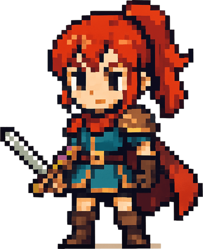swords girl hero, standing, pixel art, no backgroun.
In-Game asset.  2d.  High contrast.  No shadows