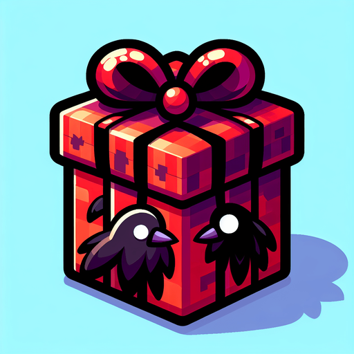 Cartoon of a christmas present, evil raven style, side view Single Game Texture. In-Game asset. 2d. Blank background. High contrast. No shadows.