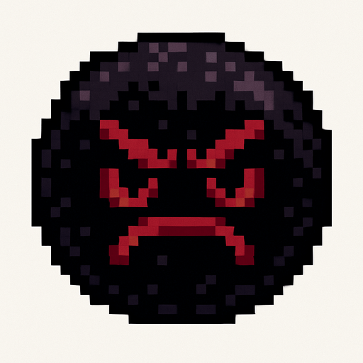 orbe oscuro de pixeles con cara enojada.
In-Game asset.  2d.  High contrast.  No shadows