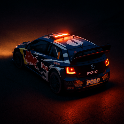 Photorealistic Volkswagen Polo R WRC Rallycar in nightlight, drone topview from back and 45 degrees angle in top right corner