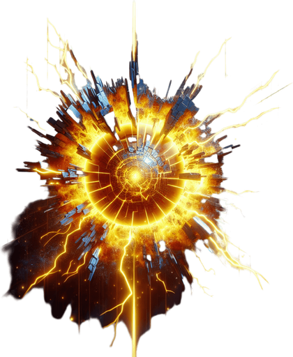 A more intense version of Power Surge. A fractured or exploding core shape at the center, emitting powerful, jagged energy waves (possibly in yellow or orange on top of blue). Could incorporate classic explosion symbol elements but rendered in the cybernetic style. Should look significantly more powerful than Power Surge..
Single Game Texture.  In-Game asset.  2d.  Blank background.  High contrast.  No shadows