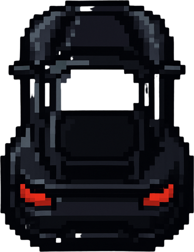 un auto negro deportivo hecho con pixeles con la perspectiva desde arriba y trasera.
In-Game asset.  2d.  High contrast.  No shadows