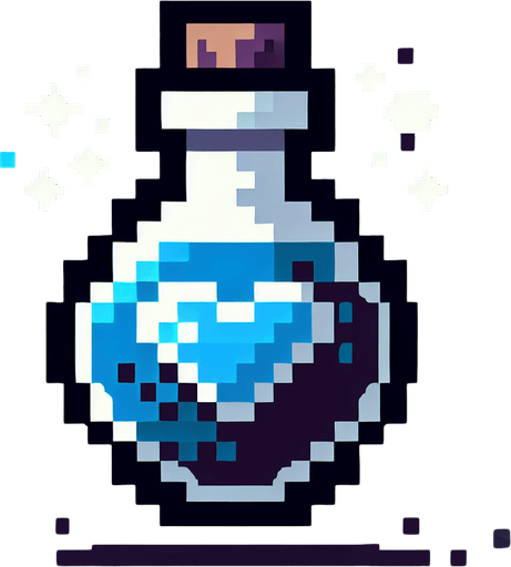gothic pixel art potion with a blue heart symbol
Single Game Texture. In-Game asset. 2d. Blank background. High contrast. No shadows.